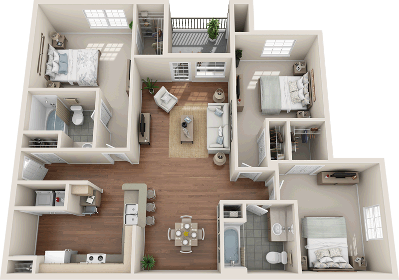 Floor plan for 3 beds, 2 baths, 1120 sqft